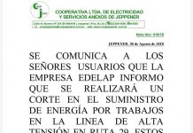 Cooperativa de Jeppener informa: Corte programado para el día domingo 2 de septiembre en Jeppener