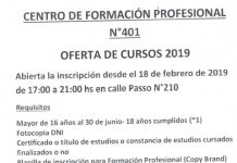 Centro de Formación Profesional 401. Cursos a dictarse durante el ciclo lectivo 2019