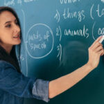 Student or teacher standing in front of the class blackboard