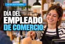 Día del Empleado de Comercio: un reconocimiento a quienes forman parte de la actividad comercial Flyer de InfoBrandsen por el Día del Empleado de Comercio: una empleada entrega una bolsa a un cliente en un comercio