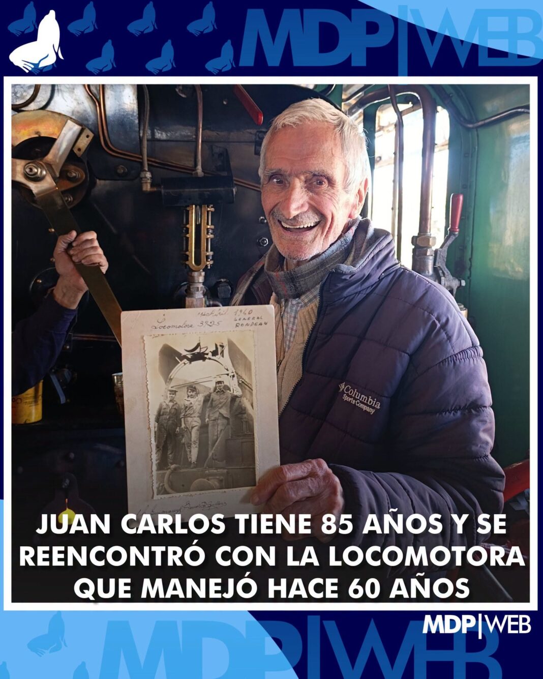 Juan carlos Juan Carlos Guimarey, de 85 años, junto a la locomotora a vapor Vulcan Foundry N° 3925 en Mar del Plata