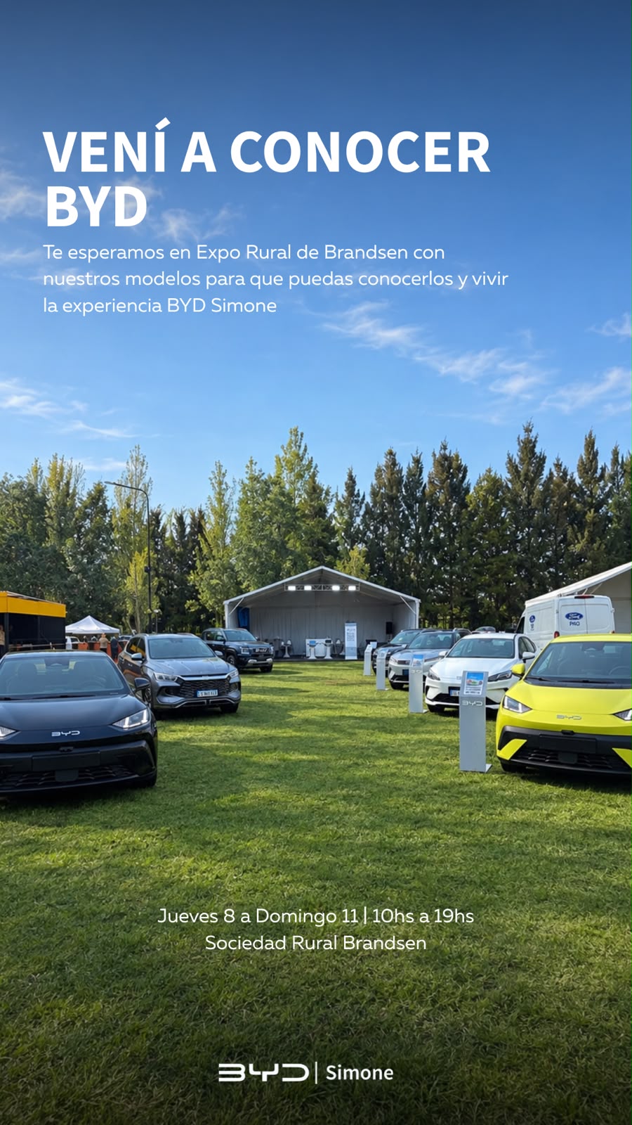 Invitación de BYD Simone a visitar su stand en la Expo Rural de Brandsen, del 8 al 11 de octubre de 10 a 19 horas