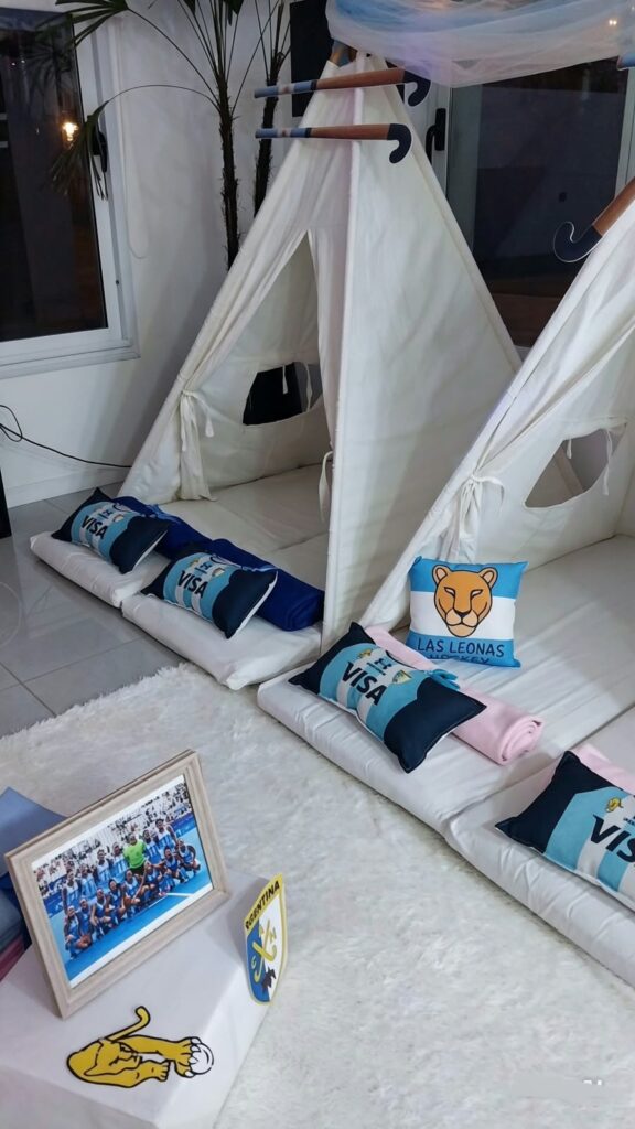 Carpas y almohadones con los colores celeste y blanco