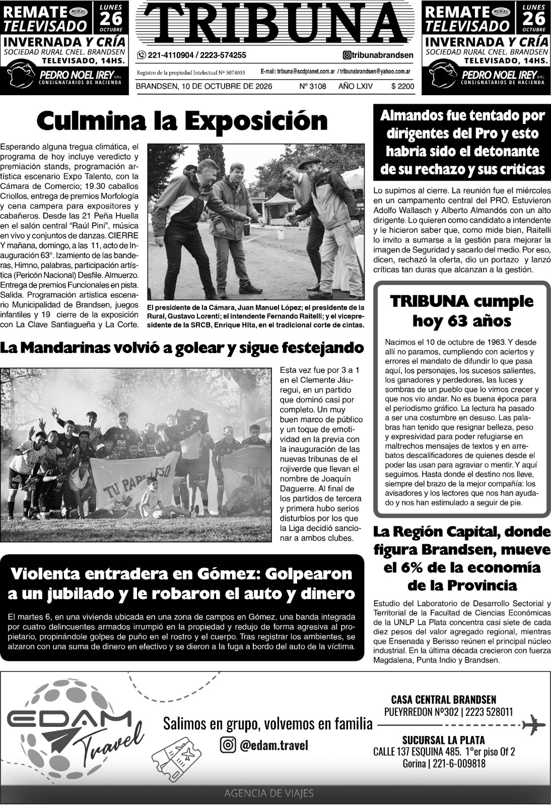 Tapa del Semanario Tribuna n° 3108, 10 de octubre de 2026