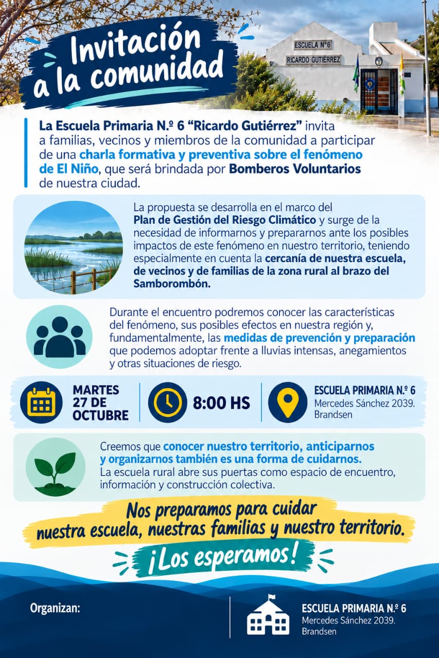 Flyer de la charla sobre El Niño en la Escuela N° 6