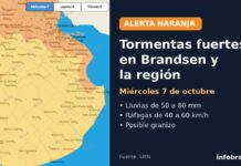 Alerta naranja por tormentas fuertes en Brandsen: se esperan lluvias intensas, ráfagas y granizo Alerta naranja por tormentas fuertes en Brandsen